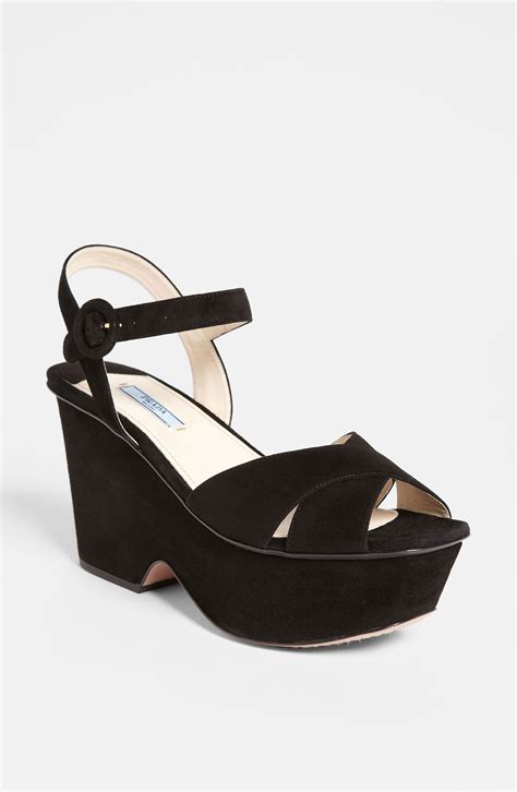 prada black suede wedge sandals|Prada chunky heel sandal.